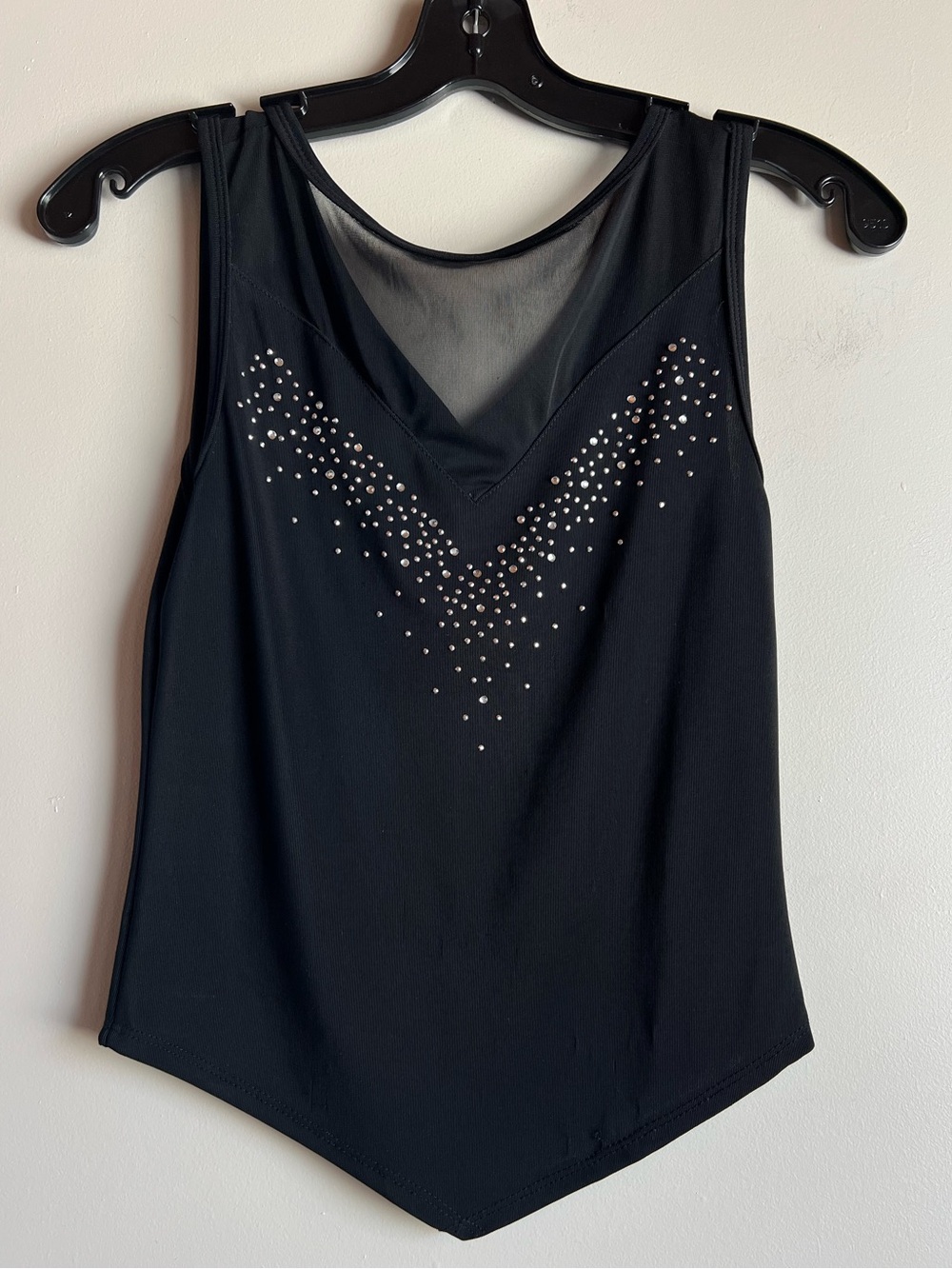 Vintage Team USA Black Rhinestone Mesh V-Neck Tank Top Y2K Sheer Stretch XS